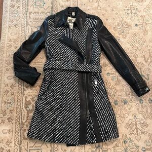 Burberry Black and White Tweed and Leather Coat